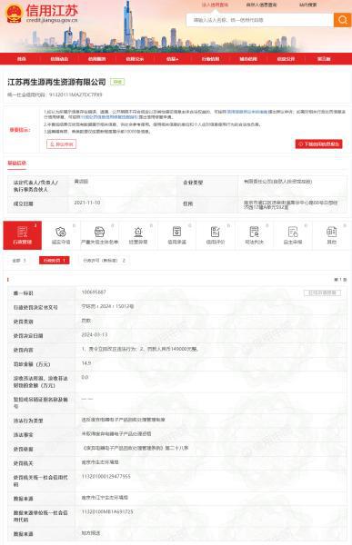 江苏再生源再生资源有限公司违反废弃电器电子产品回收处理管理制度被处罚(图1)