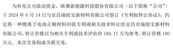 欧赛能源拟将《一种锂离子电池正极材料回收工艺》的发明专利以190万转让给宜昌瑞纽宝新材料有限公司(图1)